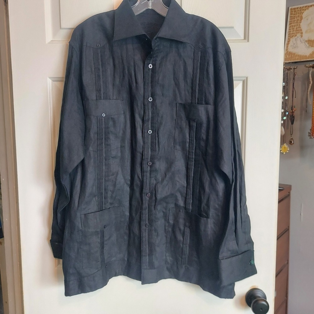 La Habana Mens XL Black 100% Linen Long Sleeve Guayabera Cuban Wedding Shirt